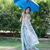 Blue printed georgette saree casual wear