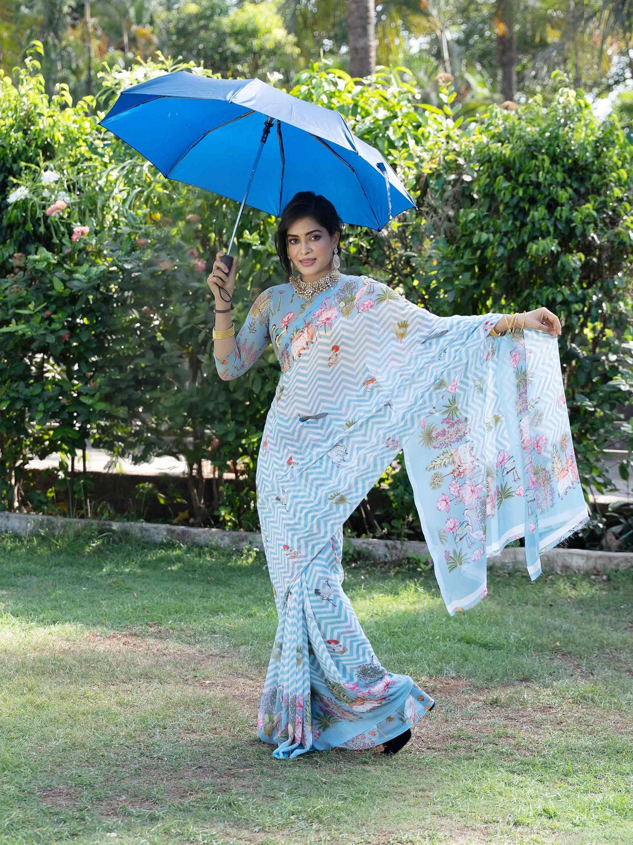 Blue printed georgette saree daily wear