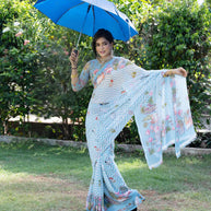 Blue printed georgette saree daily wear