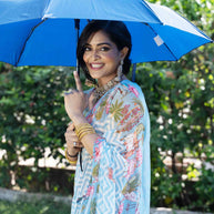 Blue printed georgette saree festive wear