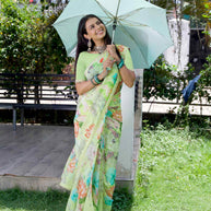 Green floral printed georgette saree daily wear
