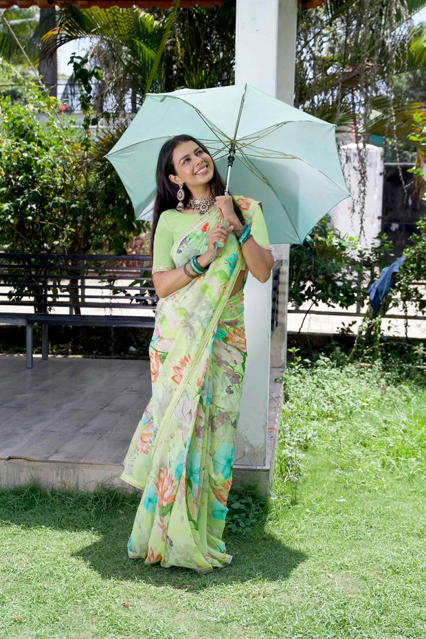 Green floral printed georgette saree daily wear