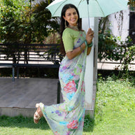 Green floral printed georgette saree party wear