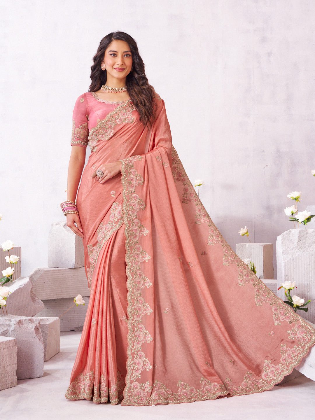 Laxmipati Arpita Pink Chiffon Embroidered Saree