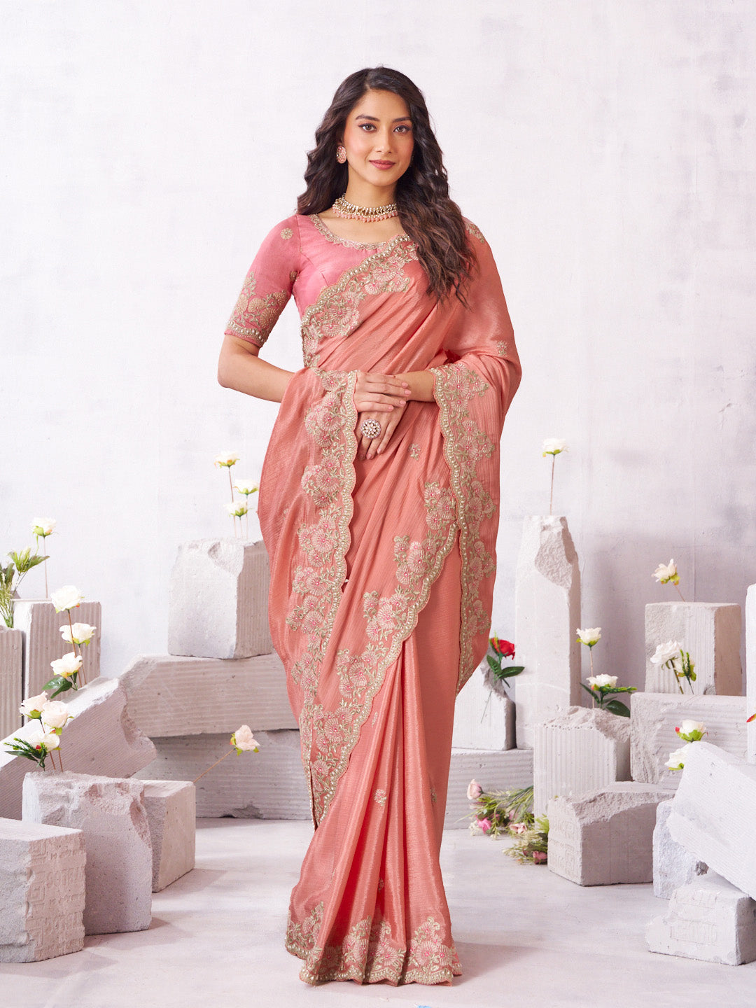 Laxmipati Arpita Pink Chiffon Embroidered Saree