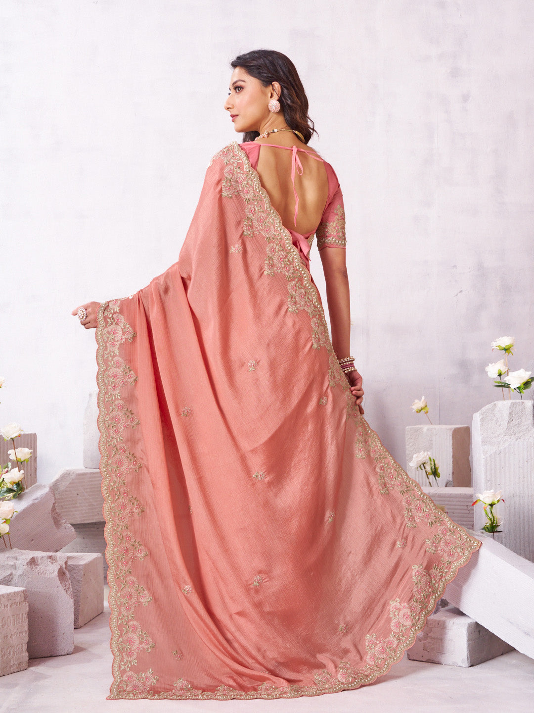 Laxmipati Arpita Pink Chiffon Embroidered Saree