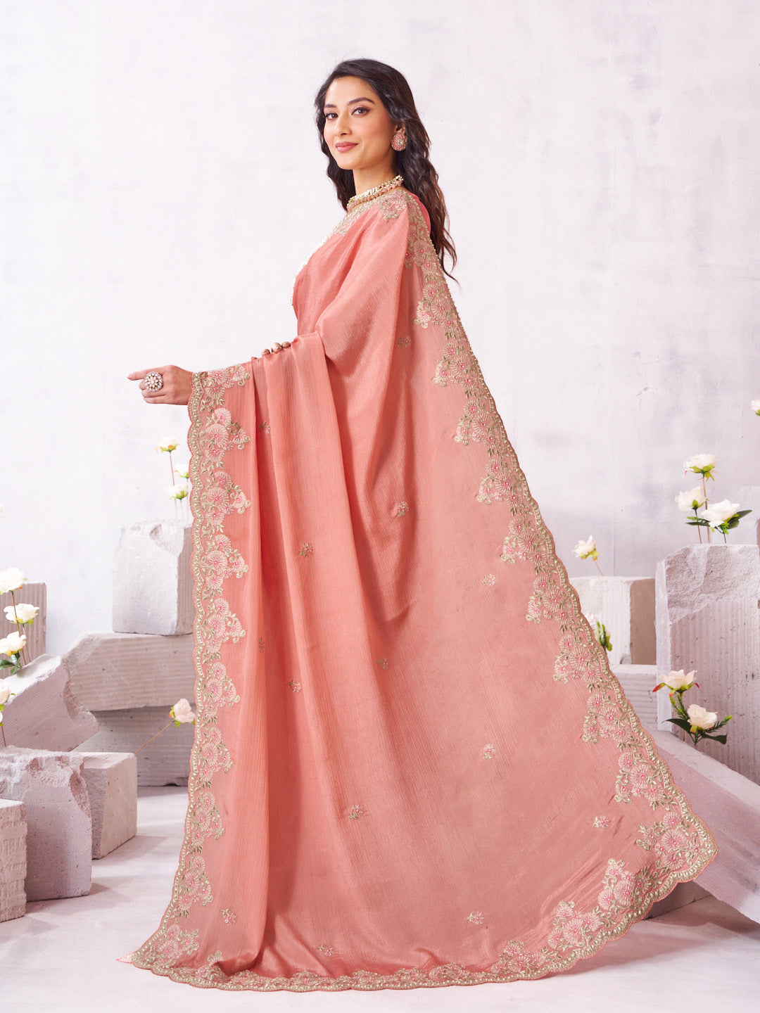 Laxmipati Arpita Pink Chiffon Embroidered Saree
