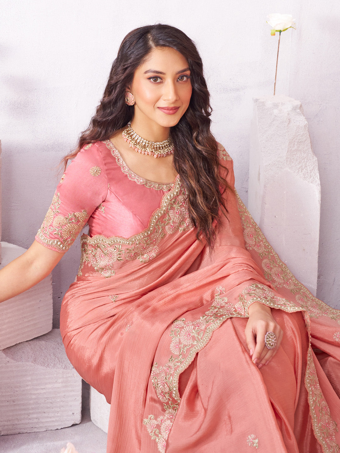 Laxmipati Arpita Pink Chiffon Embroidered Saree