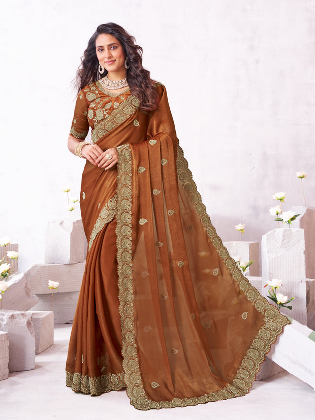 Laxmipati Arpita Brown Chiffon Embroidered Saree