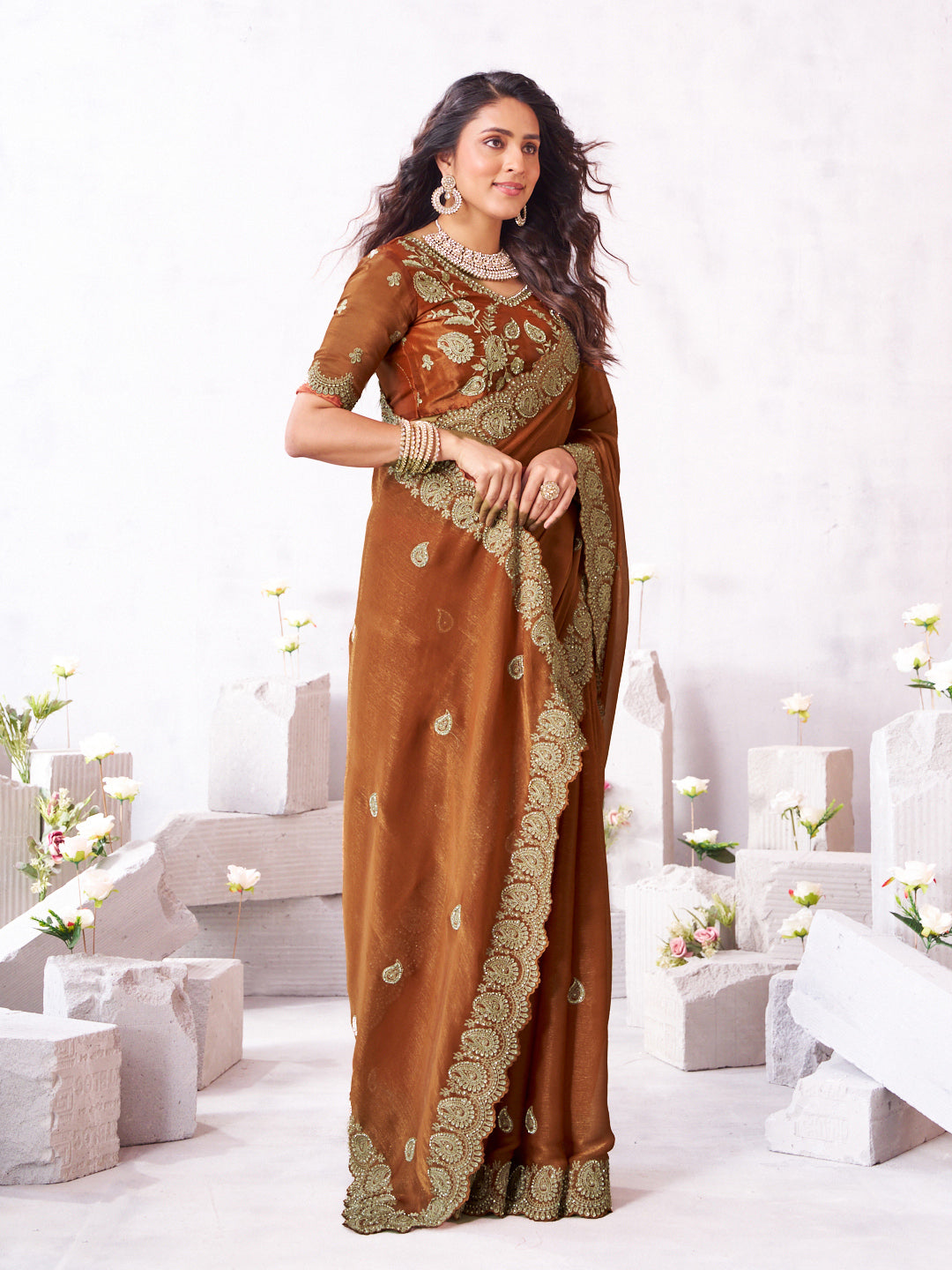 Laxmipati Arpita Brown Chiffon Embroidered Saree