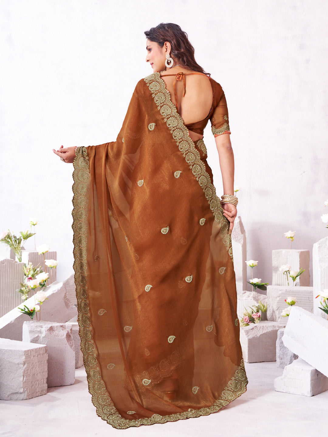 Laxmipati Arpita Brown Chiffon Embroidered Saree