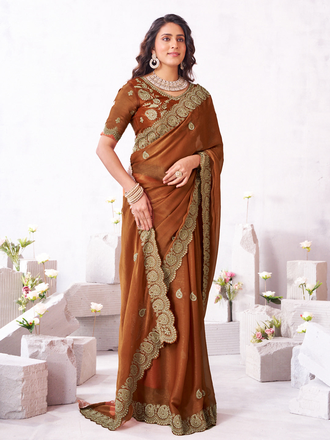 Laxmipati Arpita Brown Chiffon Embroidered Saree