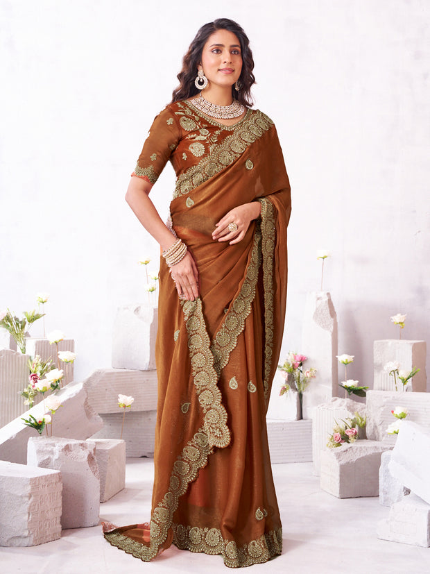 Laxmipati Arpita Brown Chiffon Embroidered Saree