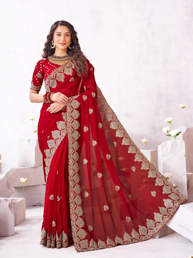 Laxmipati Arpita Red Chiffon Embroidered Saree