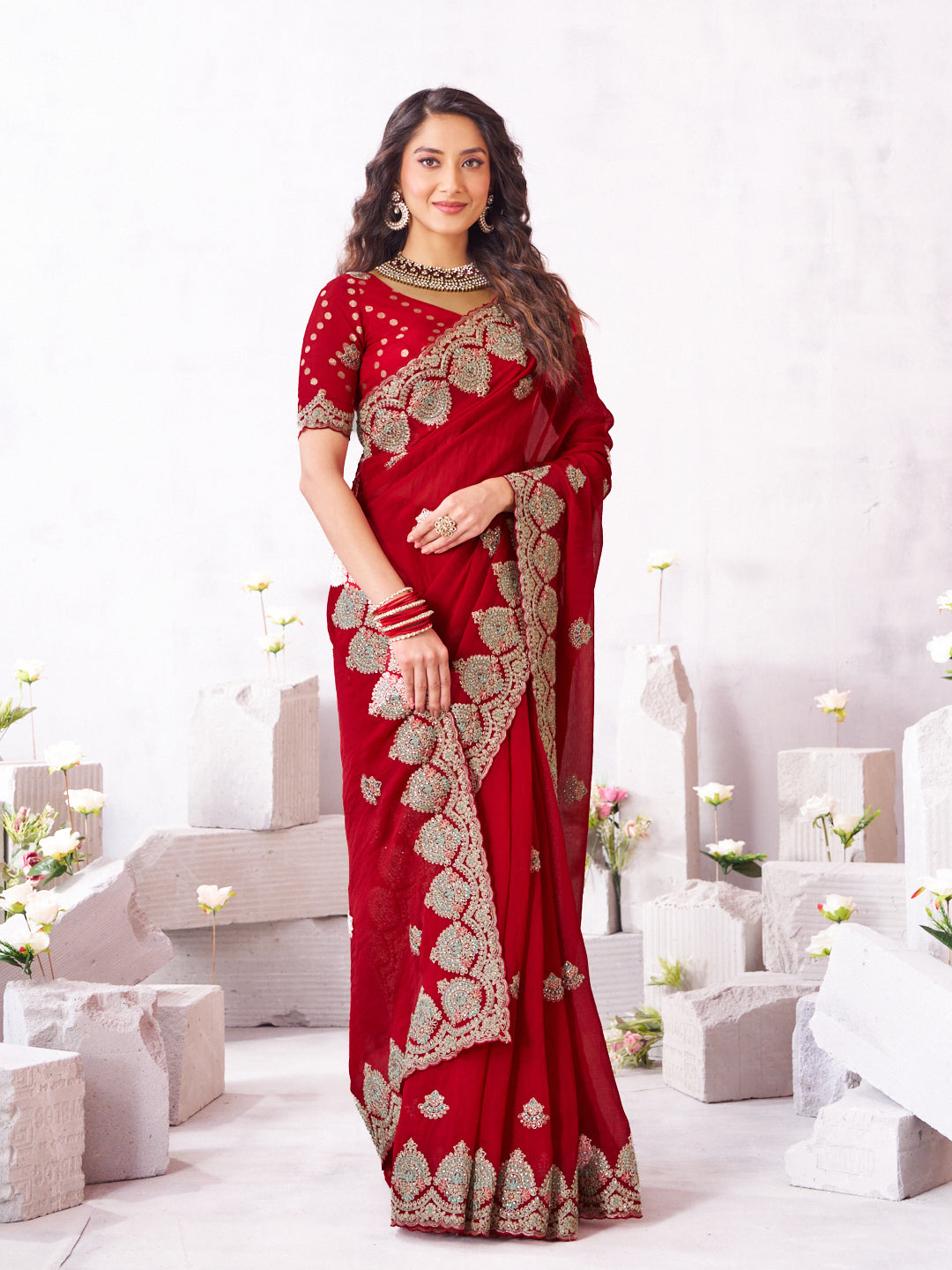 Laxmipati Arpita Red Chiffon Embroidered Saree