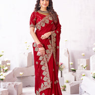 Laxmipati Arpita Red Chiffon Embroidered Saree