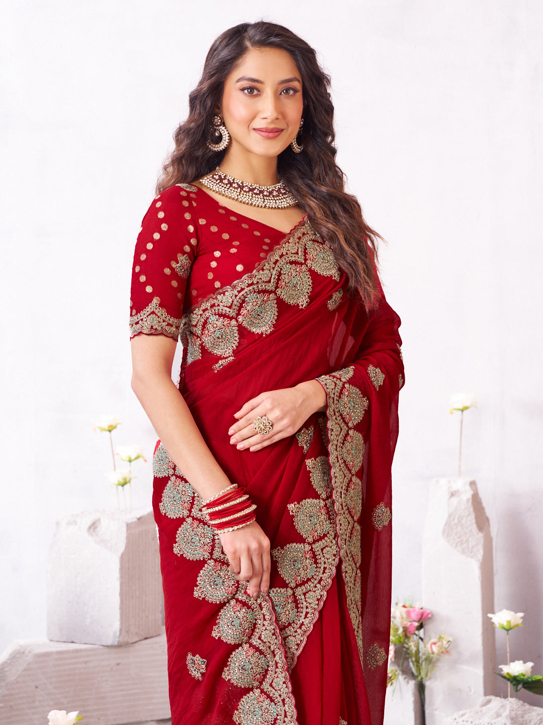 Laxmipati Arpita Red Chiffon Embroidered Saree