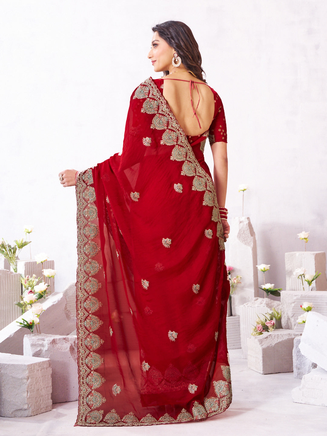 Laxmipati Arpita Red Chiffon Embroidered Saree