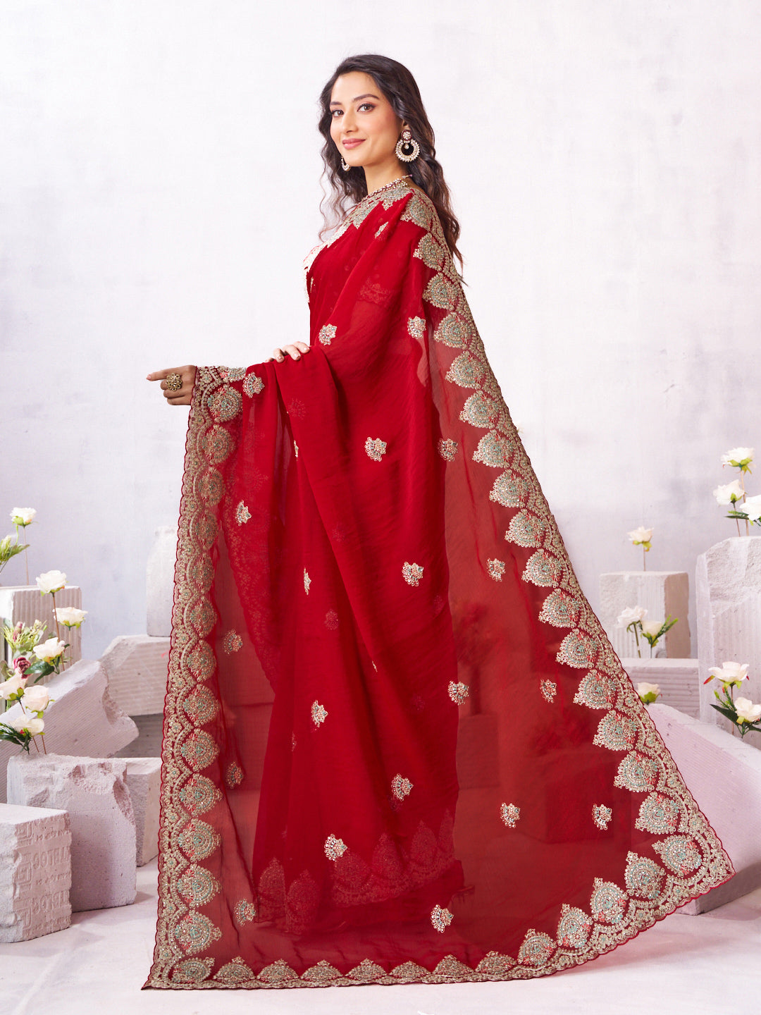 Laxmipati Arpita Red Chiffon Embroidered Saree