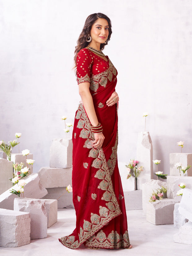 Laxmipati Arpita Red Chiffon Embroidered Saree