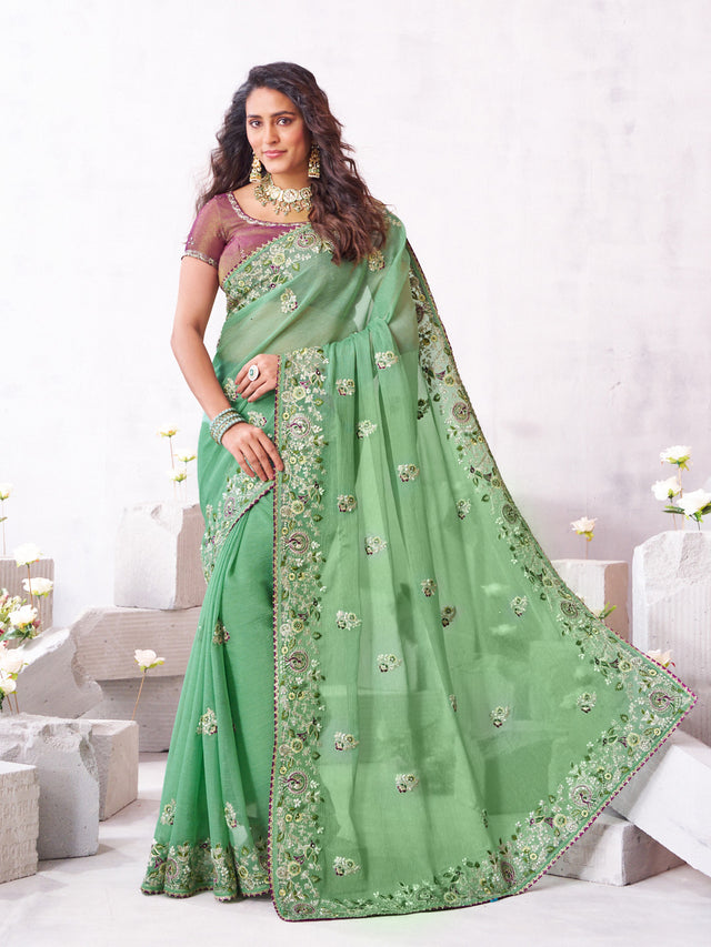 Laxmipati Arpita Green Tissue Organza Embroidered Saree