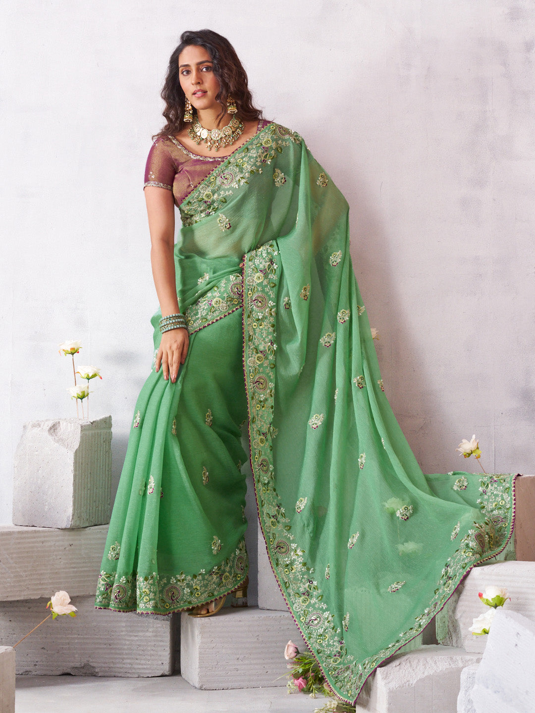Laxmipati Arpita Green Tissue Organza Embroidered Saree