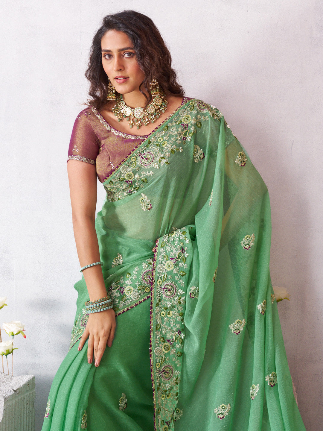Laxmipati Arpita Green Tissue Organza Embroidered Saree