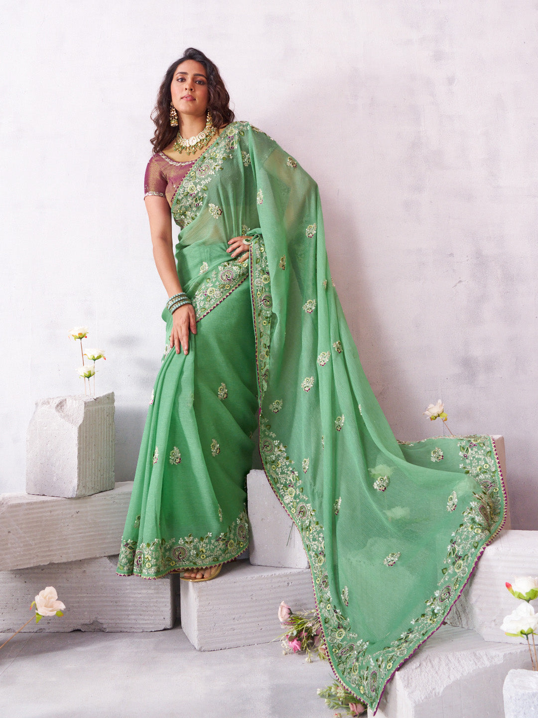 Laxmipati Arpita Green Tissue Organza Embroidered Saree