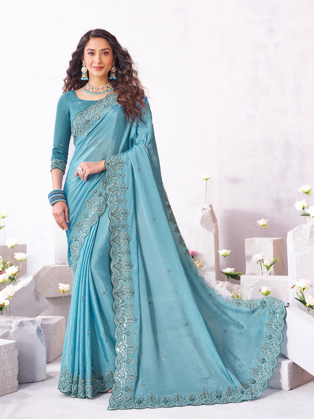 Laxmipati Arpita Blue Chiffon Embroidered Saree