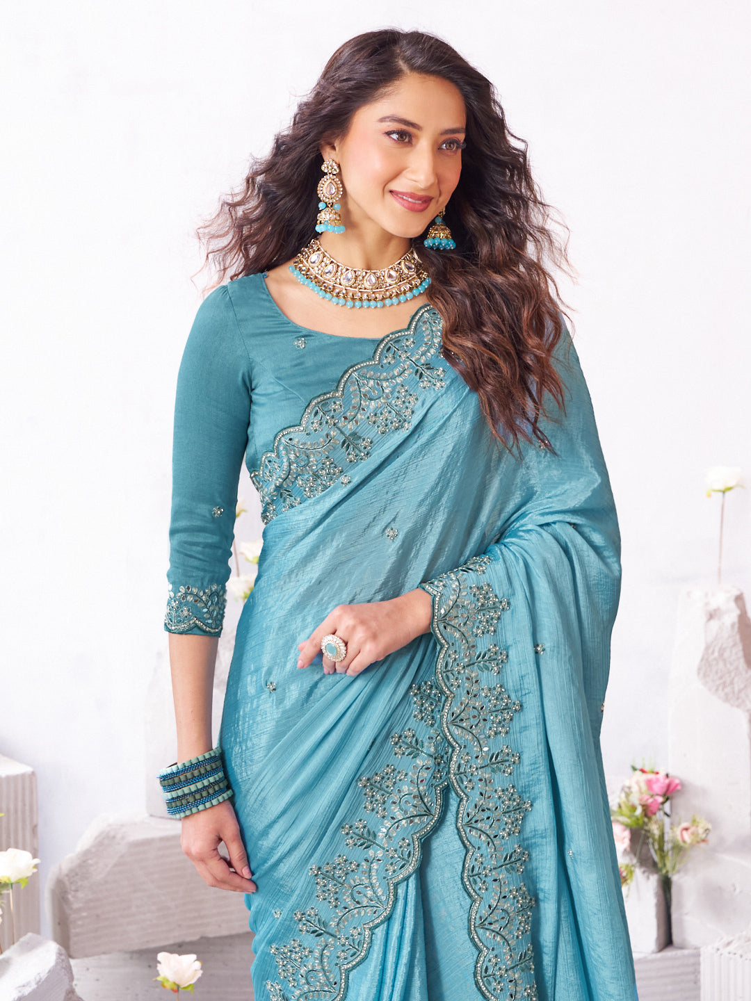 Laxmipati Arpita Blue Chiffon Embroidered Saree