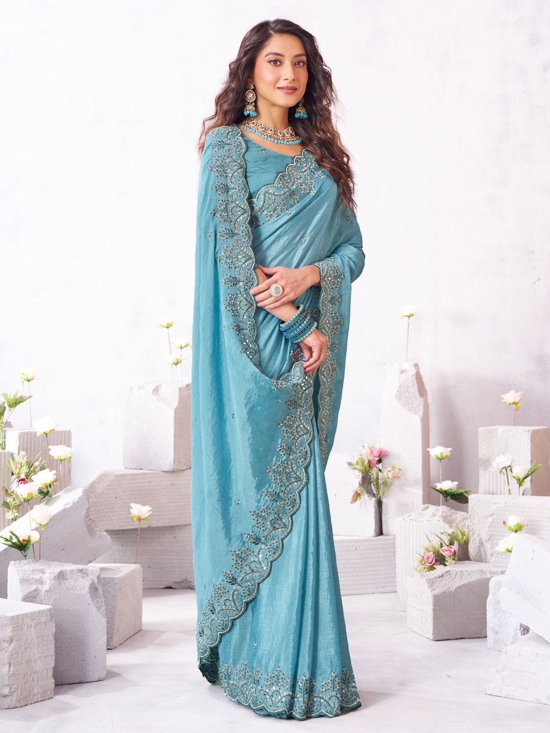 Laxmipati Arpita Blue Chiffon Embroidered Saree