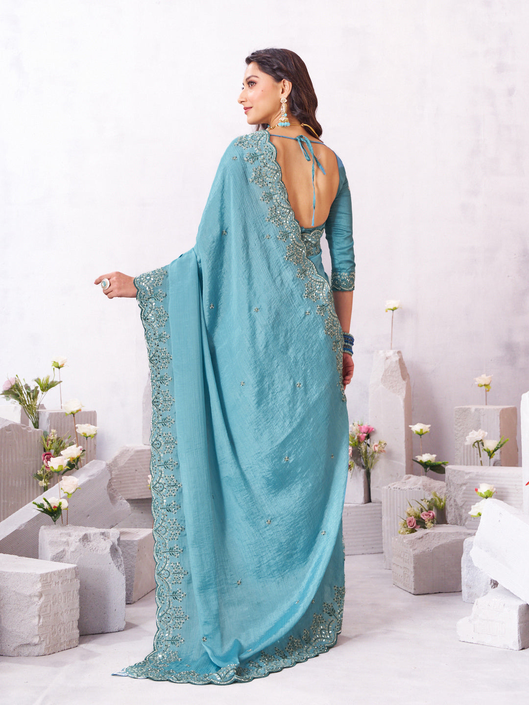 Laxmipati Arpita Blue Chiffon Embroidered Saree