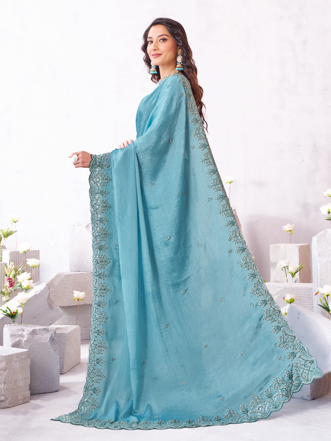 Laxmipati Arpita Blue Chiffon Embroidered Saree