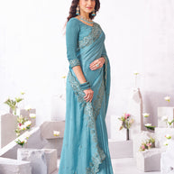 Laxmipati Arpita Blue Chiffon Embroidered Saree