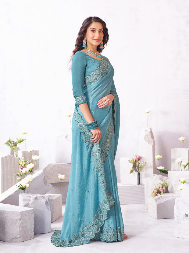 Laxmipati Arpita Blue Chiffon Embroidered Saree