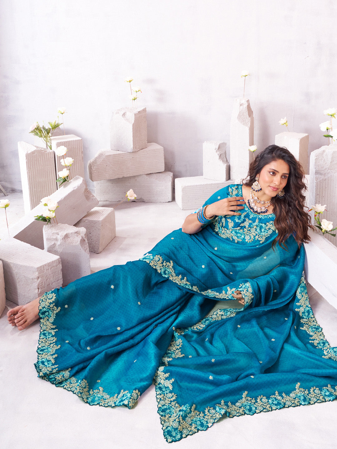Laxmipati Arpita Blue Tissue Organza Embroidered Saree