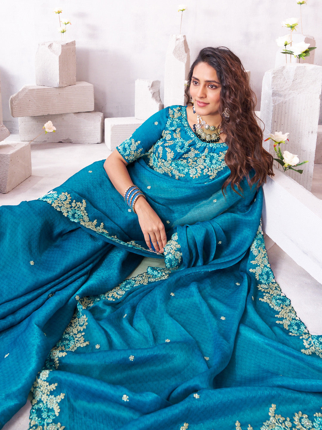 Laxmipati Arpita Blue Tissue Organza Embroidered Saree