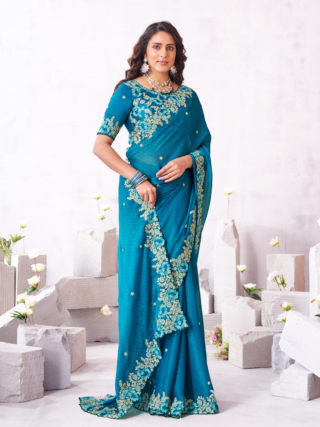 Laxmipati Arpita Blue Tissue Organza Embroidered Saree
