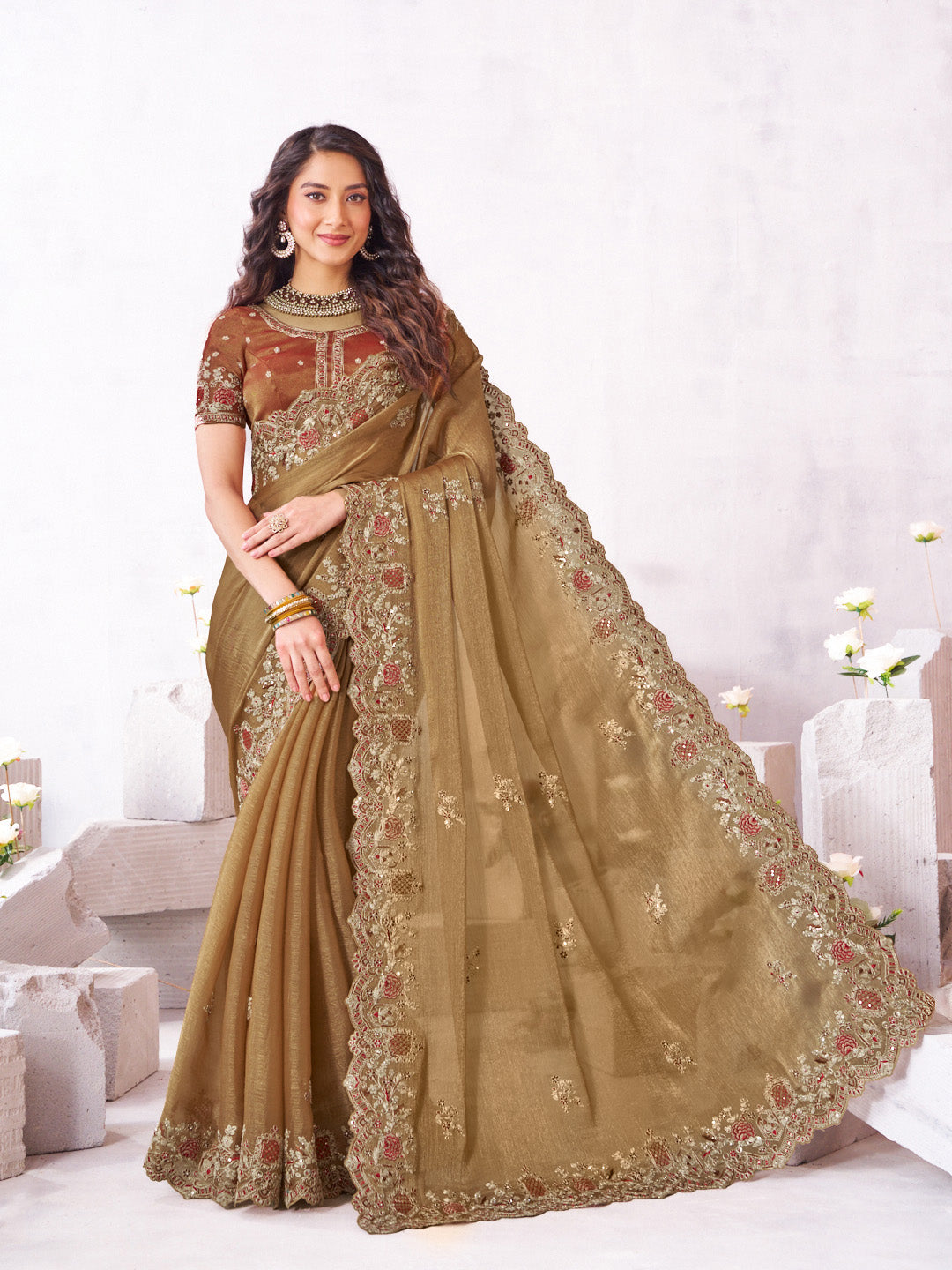 Laxmipati Arpita Brown Silk Blend Embroidered Saree