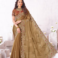 Laxmipati Arpita Brown Silk Blend Embroidered Saree