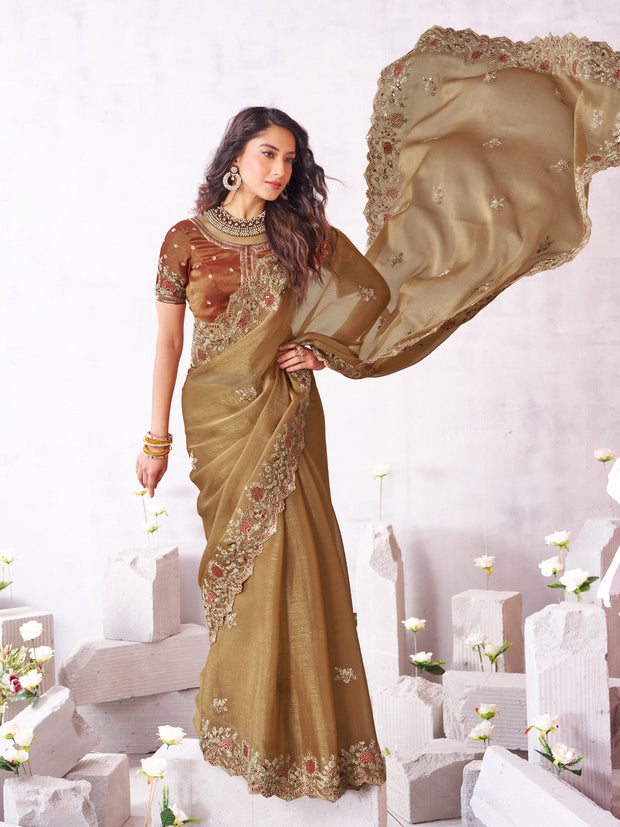 Laxmipati Arpita Brown Silk Blend Embroidered Saree