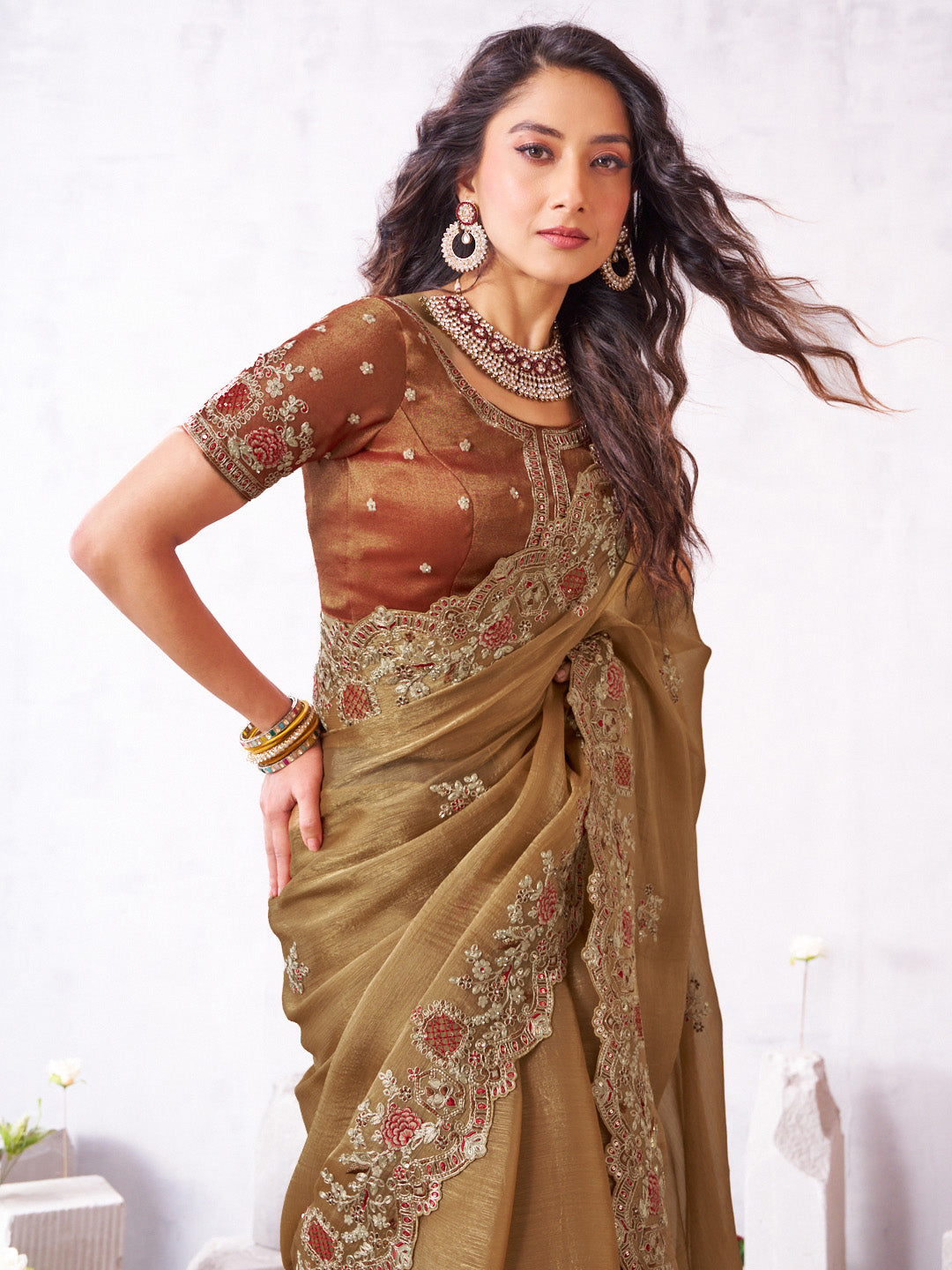 Laxmipati Arpita Brown Silk Blend Embroidered Saree