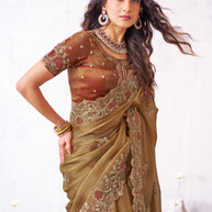 Laxmipati Arpita Brown Silk Blend Embroidered Saree