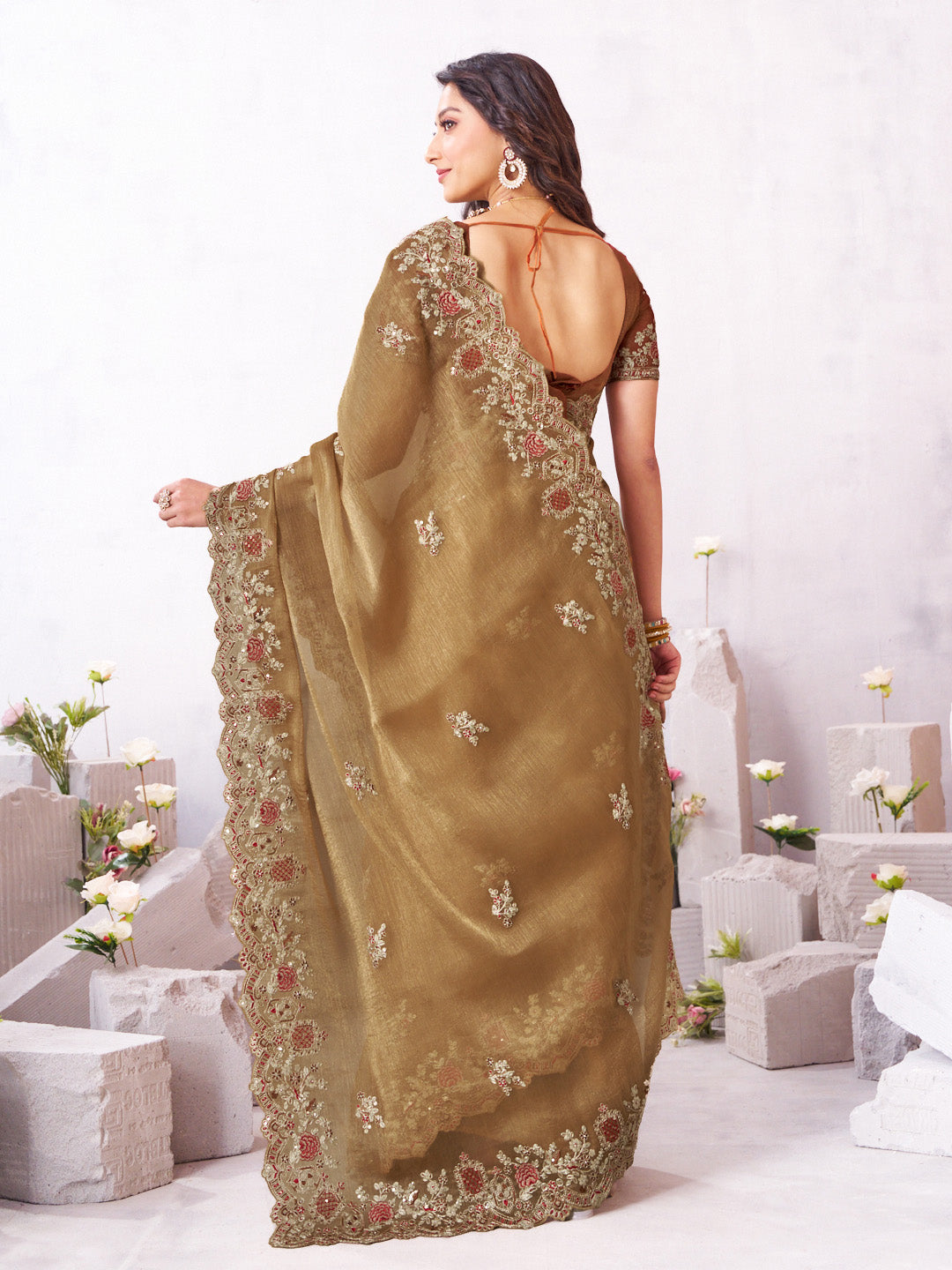 Laxmipati Arpita Brown Silk Blend Embroidered Saree