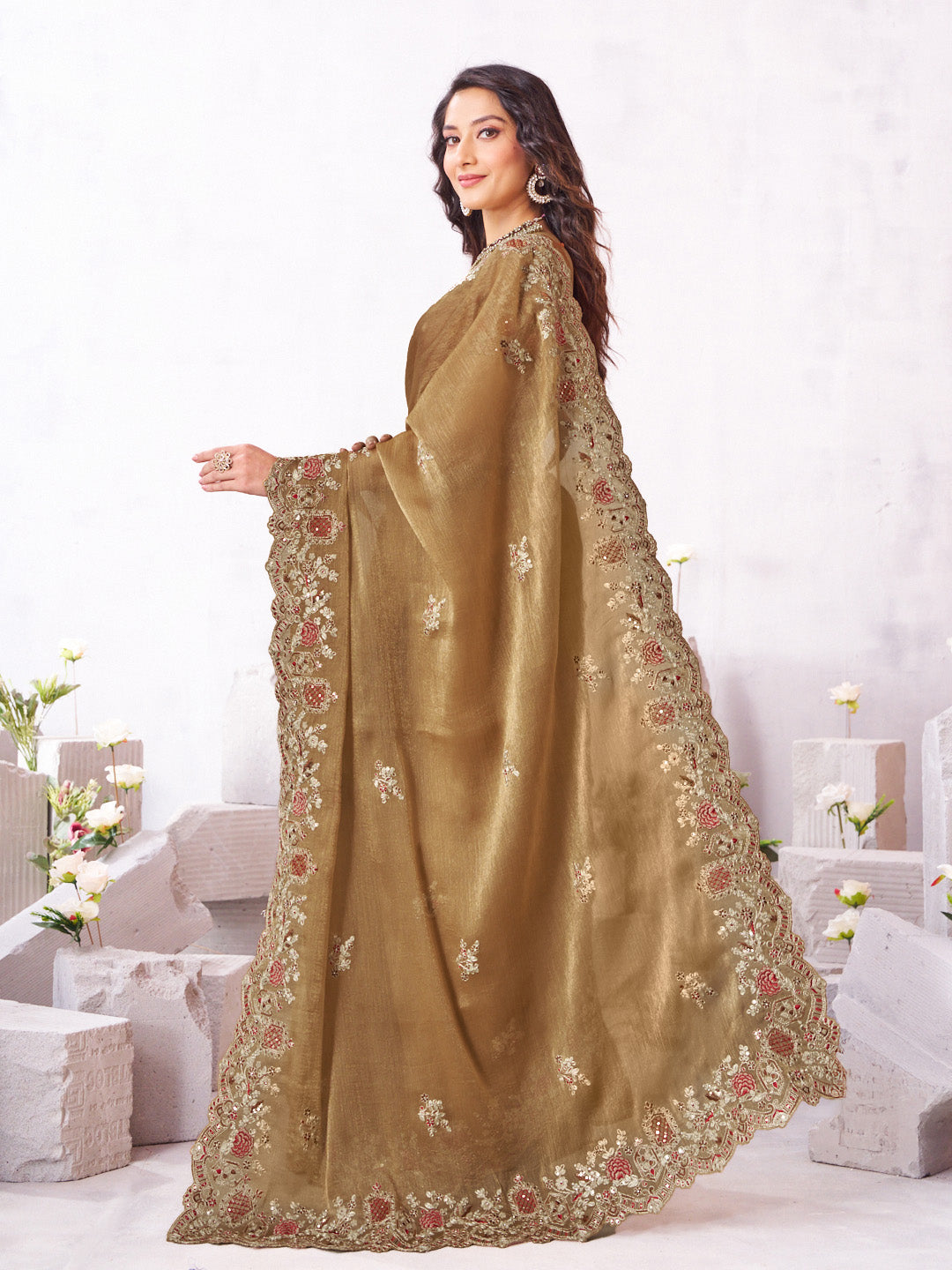 Laxmipati Arpita Brown Silk Blend Embroidered Saree