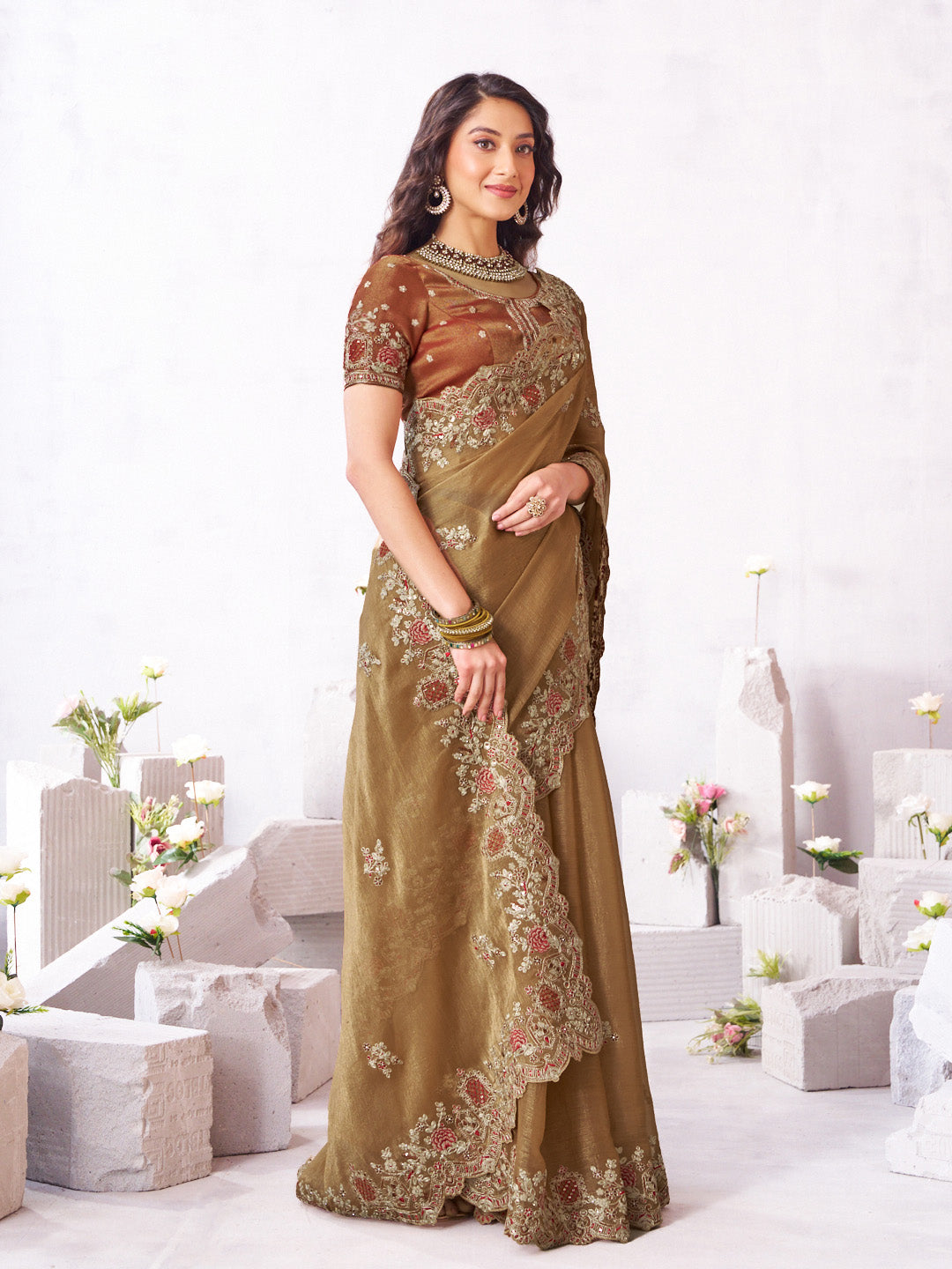 Laxmipati Arpita Brown Silk Blend Embroidered Saree
