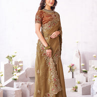 Laxmipati Arpita Brown Silk Blend Embroidered Saree
