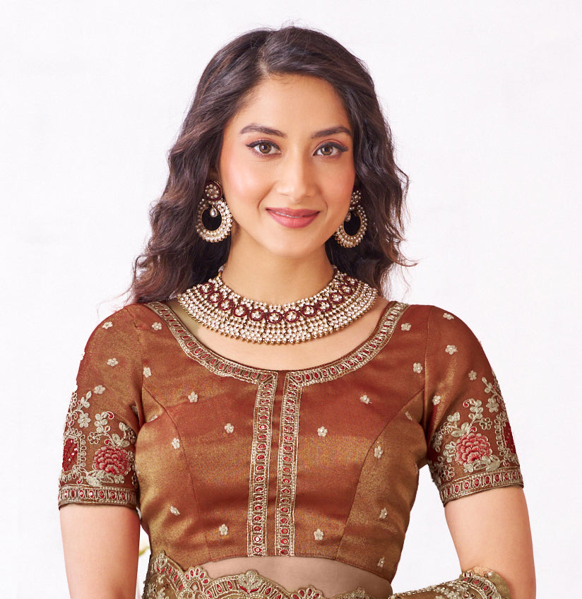 Laxmipati Arpita Brown Silk Blend Embroidered Saree