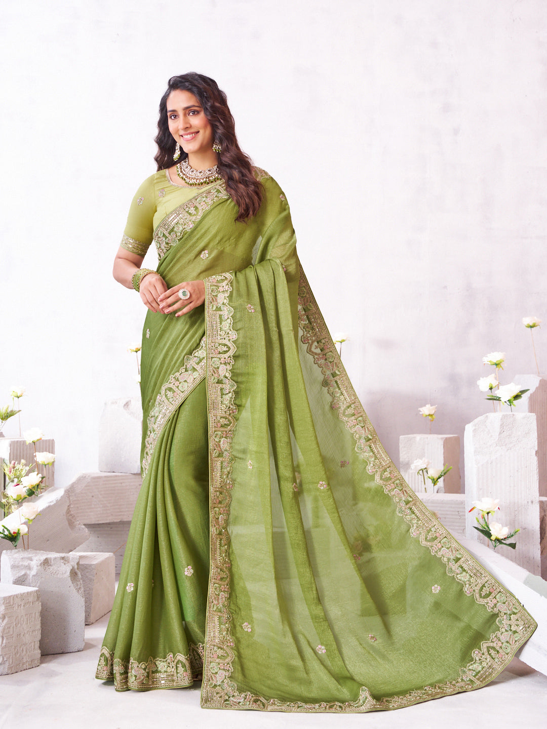 Laxmipati Arpita Green Chiffon Embroidered Saree