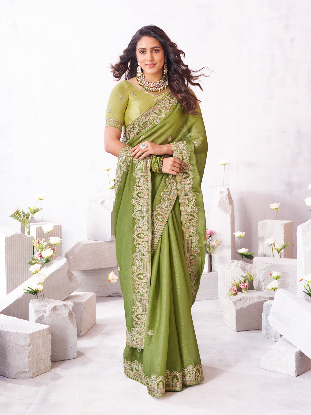 Laxmipati Arpita Green Chiffon Embroidered Saree